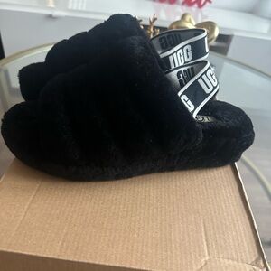 UGG Black Fluffy Slides with Logo Strap